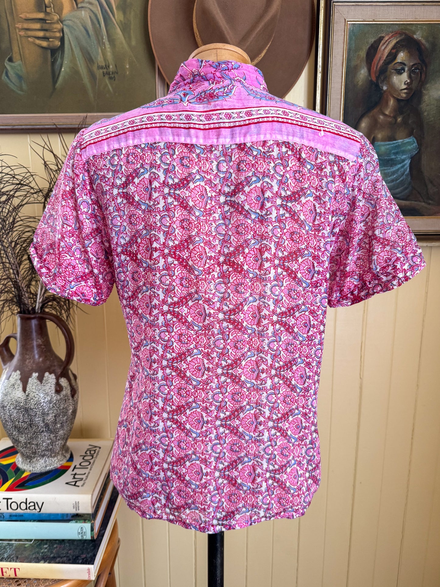 VINTAGE 1970S INDIAN COTTON GAUZE BUTTON UP PRINTED SHIRT S/M