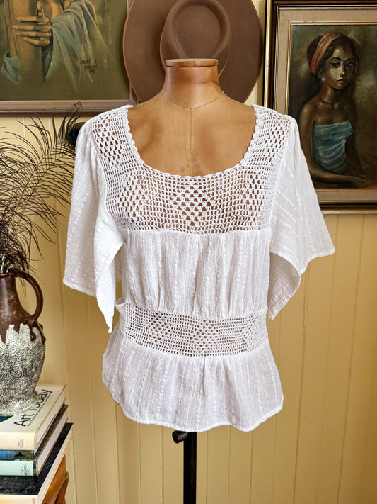 VINTAGE 1970S SHARADE FOR KATIES COTTON CHEESECLOTH CROCHET BLOUSE S/M