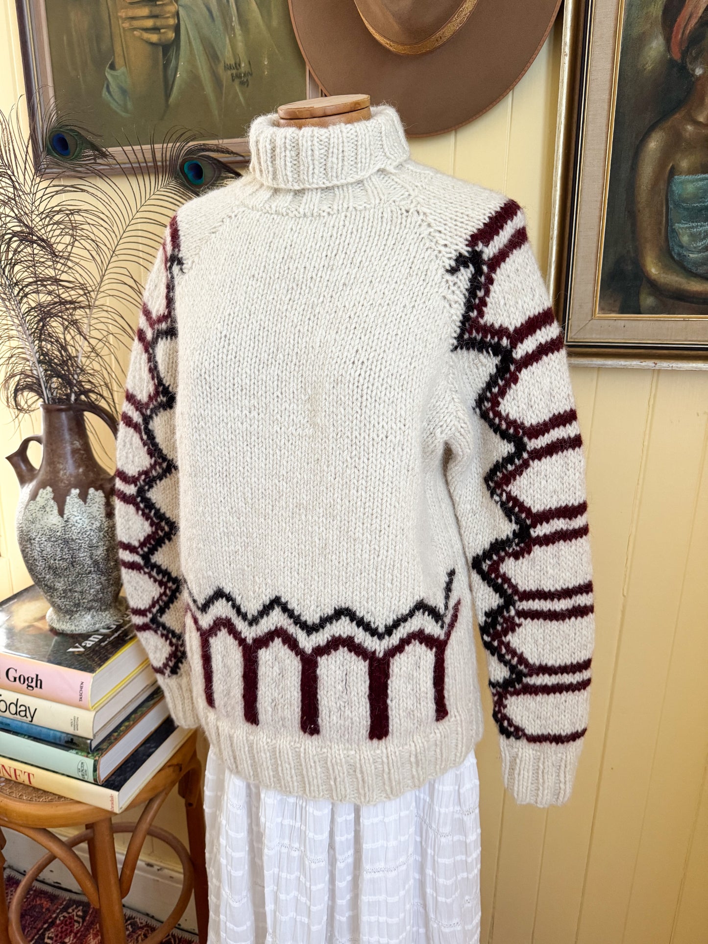 VINTAGE MALIKA INDIAN 100% WOOL MOTIF CHUNKY KNIT JUMPER S/M
