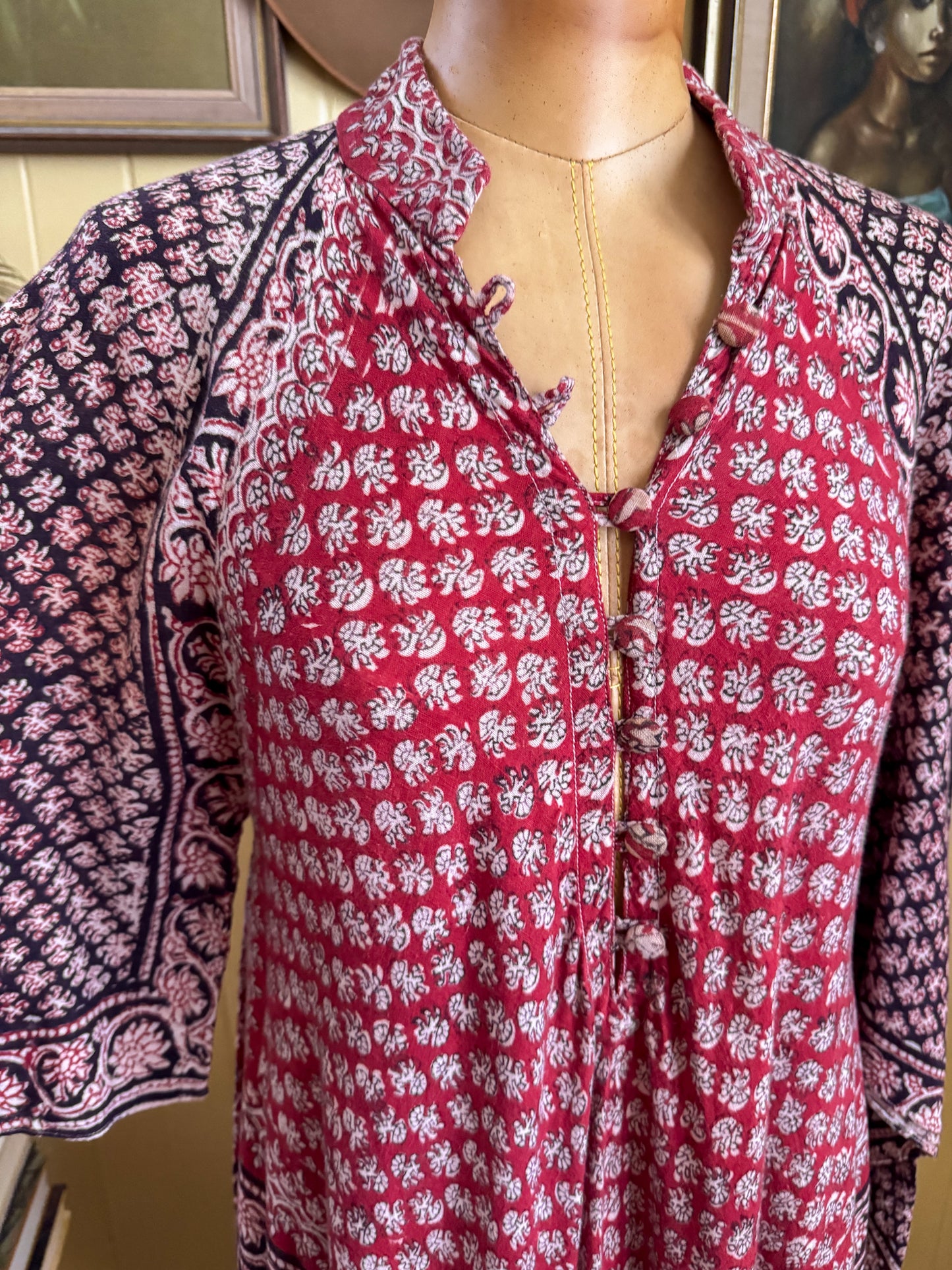 VINTAGE 1960S INDIA IMPORTS COTTON GAUZE BLOCK PRINT MAXI KAFTAN DRESS ONE SIZE