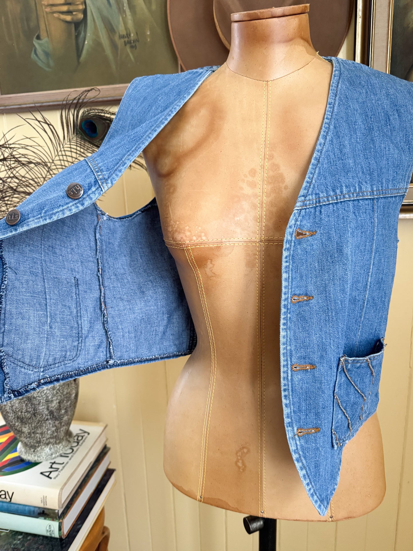 VINTAGE 1970S H.I.S. COTTON DENIM POCKET WAISTCOAT VEST S/M