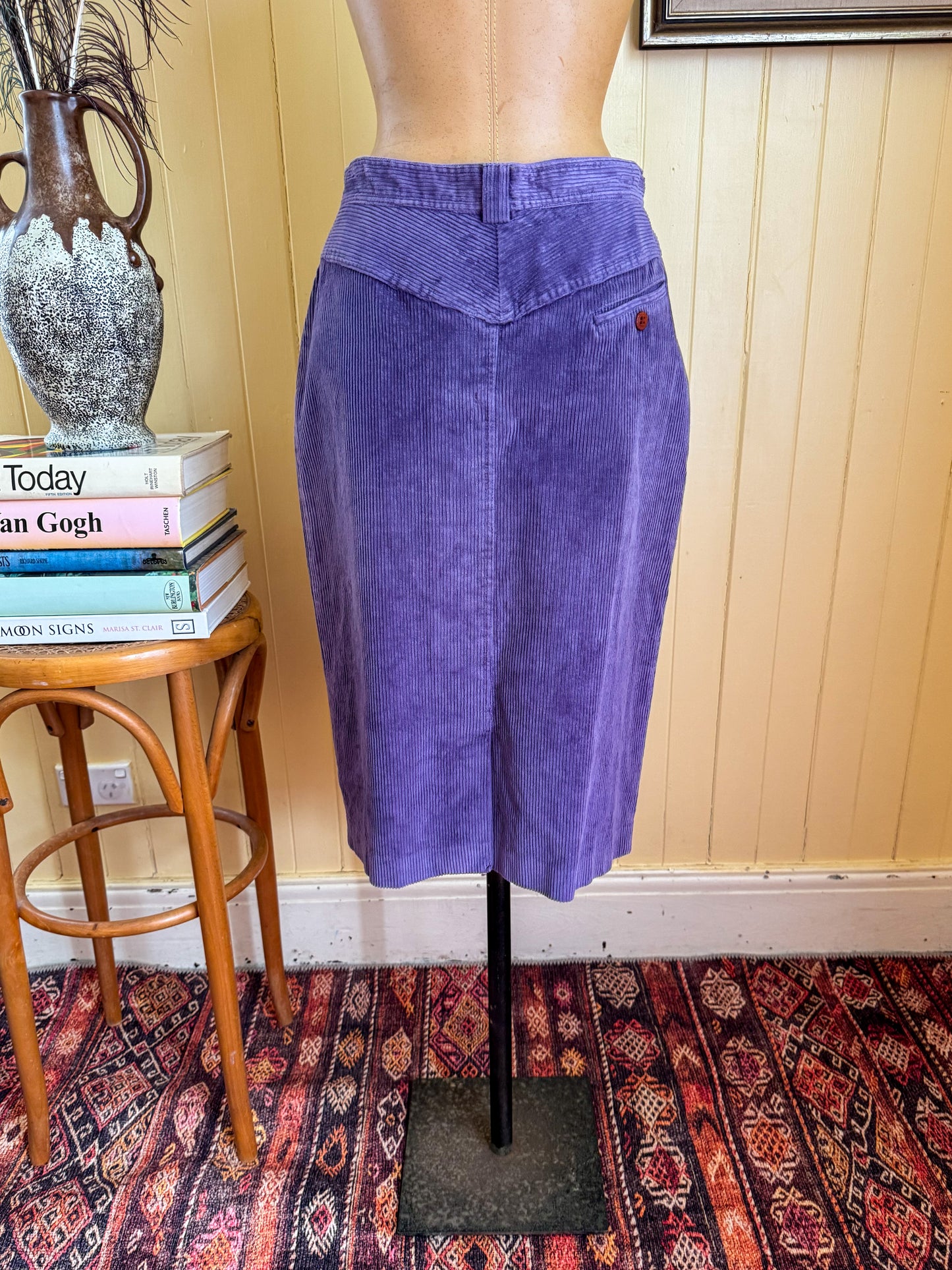 VINTAGE 1980S SPORTSCRAFT COTTON CORDUROY MIDI PENCIL SKIRT S/M