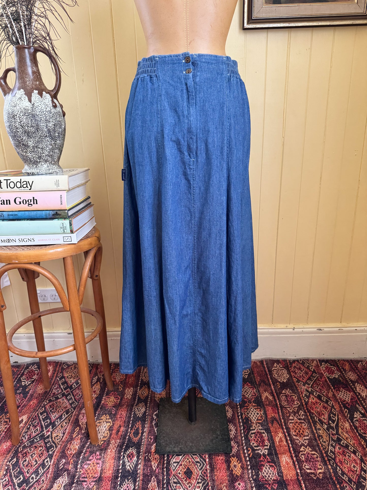VINTAGE 1980S JAG DENIM HIGH WAISTED YOKE PLEATED MAXI SKIRT S