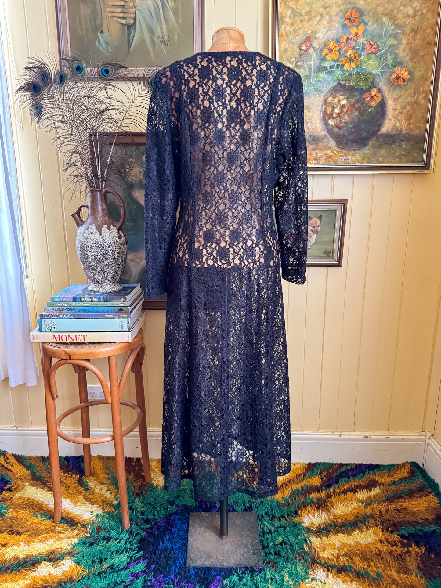VINTAGE 1990S SHEER BLACK LACE LONG SLEEVE MAXI DRESS M/L