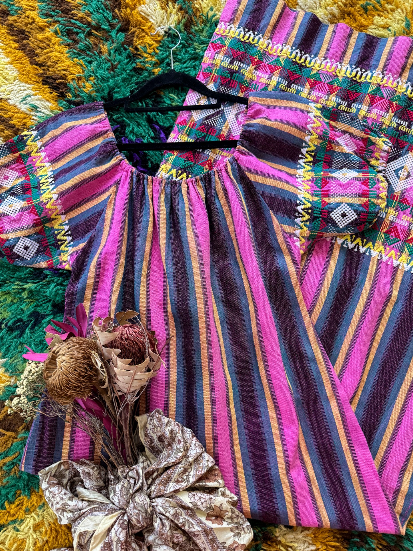 VINTAGE COTTON HANDWOVEN GUATEMALAN STRIPED EMBROIDERED MAXI DRESS M