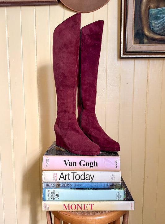 VINTAGE 1990S RARE BIBA PLUM SUEDE LEATHER KNEE HIGH WEDGE BOOTS 37/6