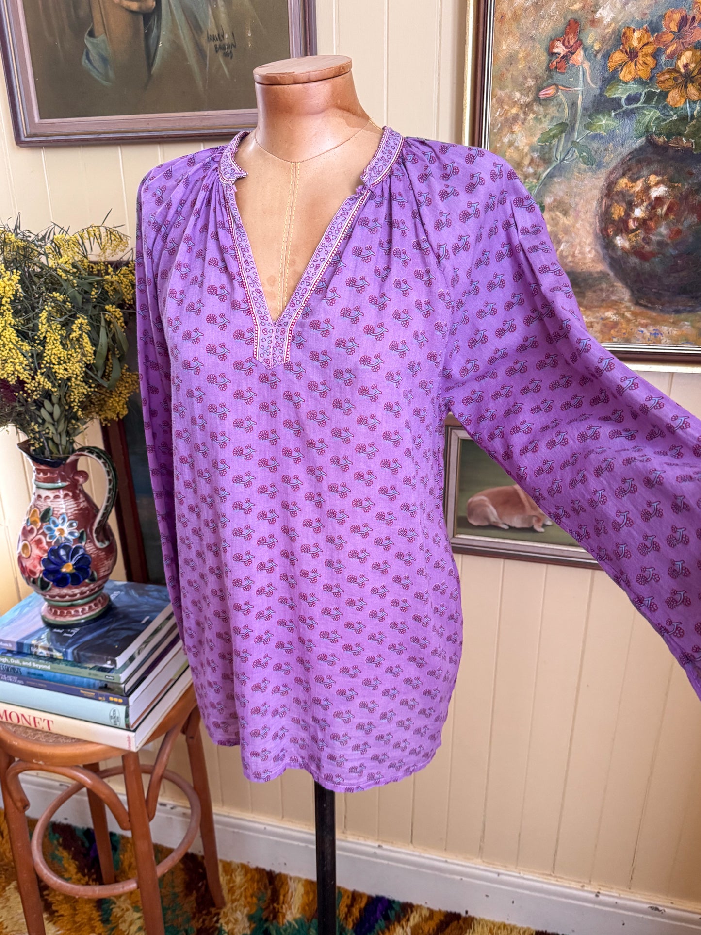 VINTAGE 1970S LASTANGO PAKISTANI COTTON GAUZE BLOCK PRINT BLOUSE S/M