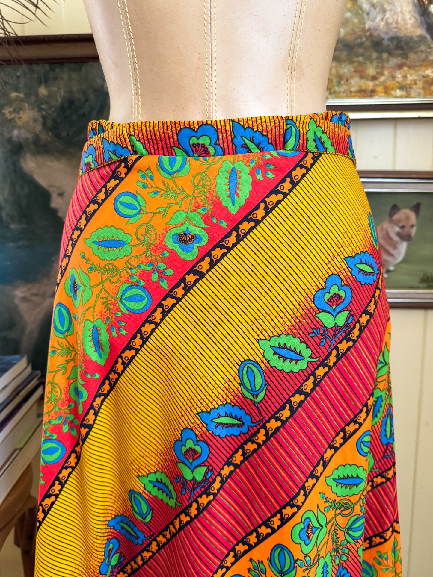 VINTAGE 1970S GERMAN LUCIE LINDEN COTTON PRINT RUFFLE MIDI PEASANT SKIRT M