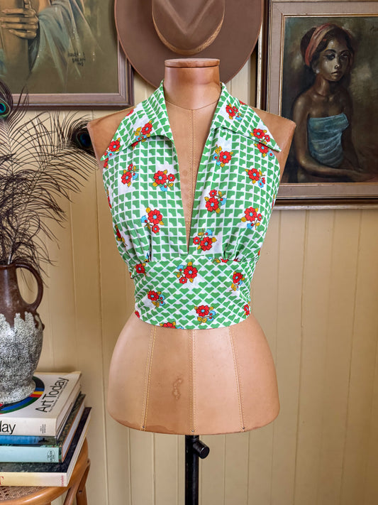 VINTAGE 1970S ZORA ACRYLIC PRINTED HALTERNECK CROP TOP M