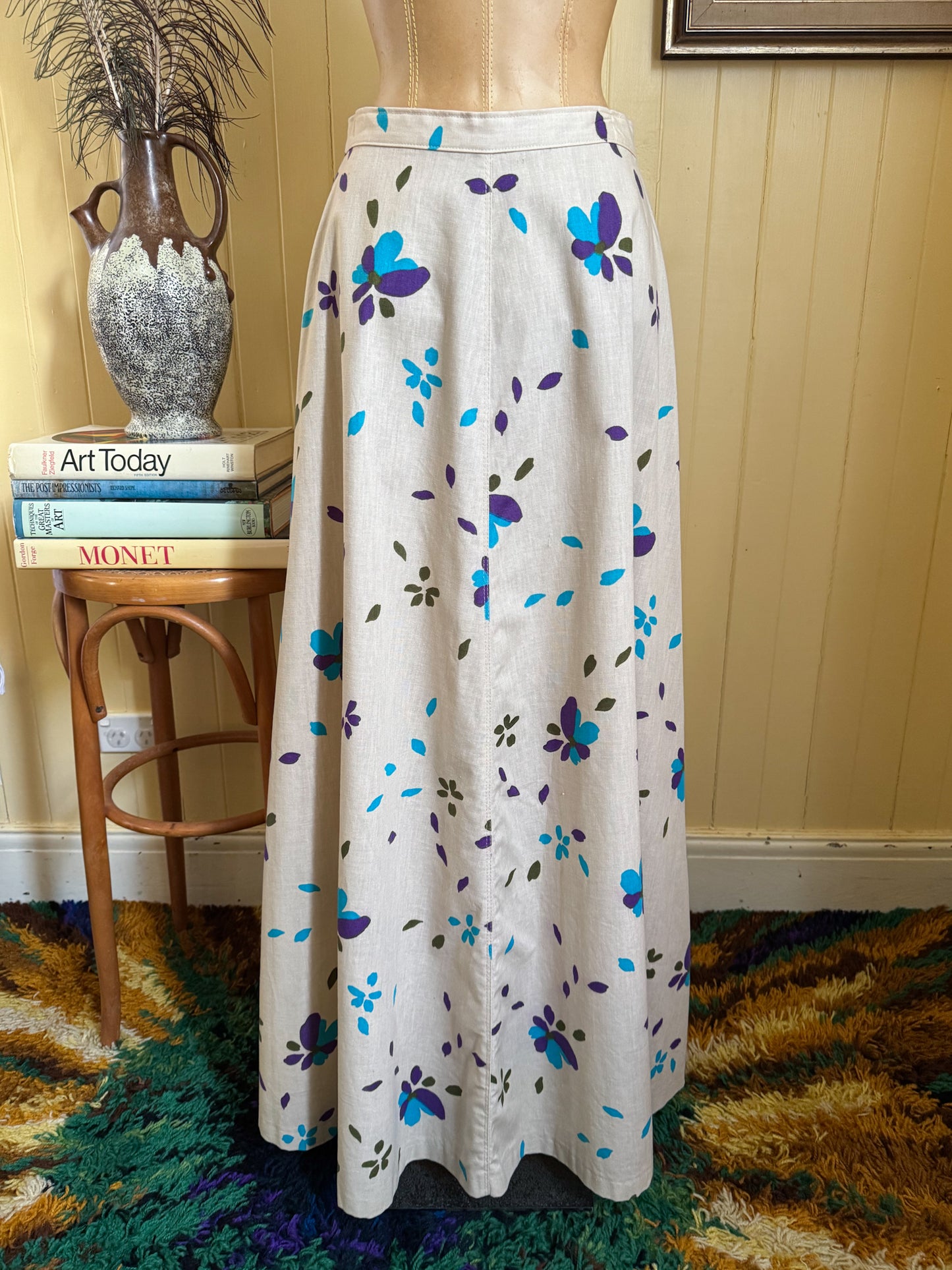 VINTAGE 1970S FINNISH COTTON ABSTRACT FLORAL PRINT MAXI SKIRT S
