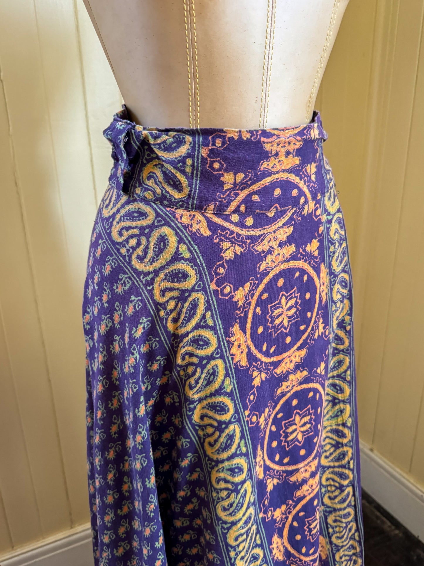 VINTAGE 1970S INDIAN COTTON BLOCK PRINT WRAP MAXI SKIRT S/M