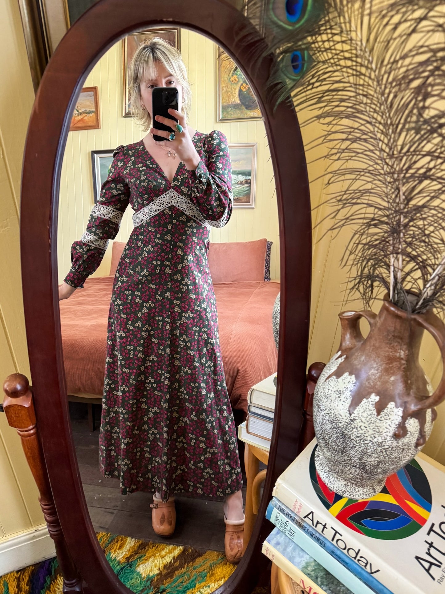 VINTAGE 1970S RICHARD SHOPS COTTON FLORAL PRINT MAXI PRAIRIE DRESS S/M