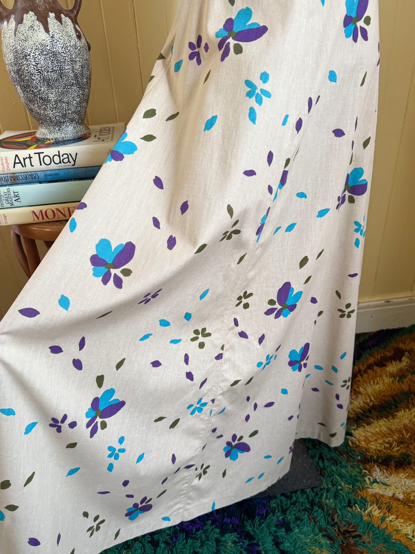 VINTAGE 1970S FINNISH COTTON ABSTRACT FLORAL PRINT MAXI SKIRT S