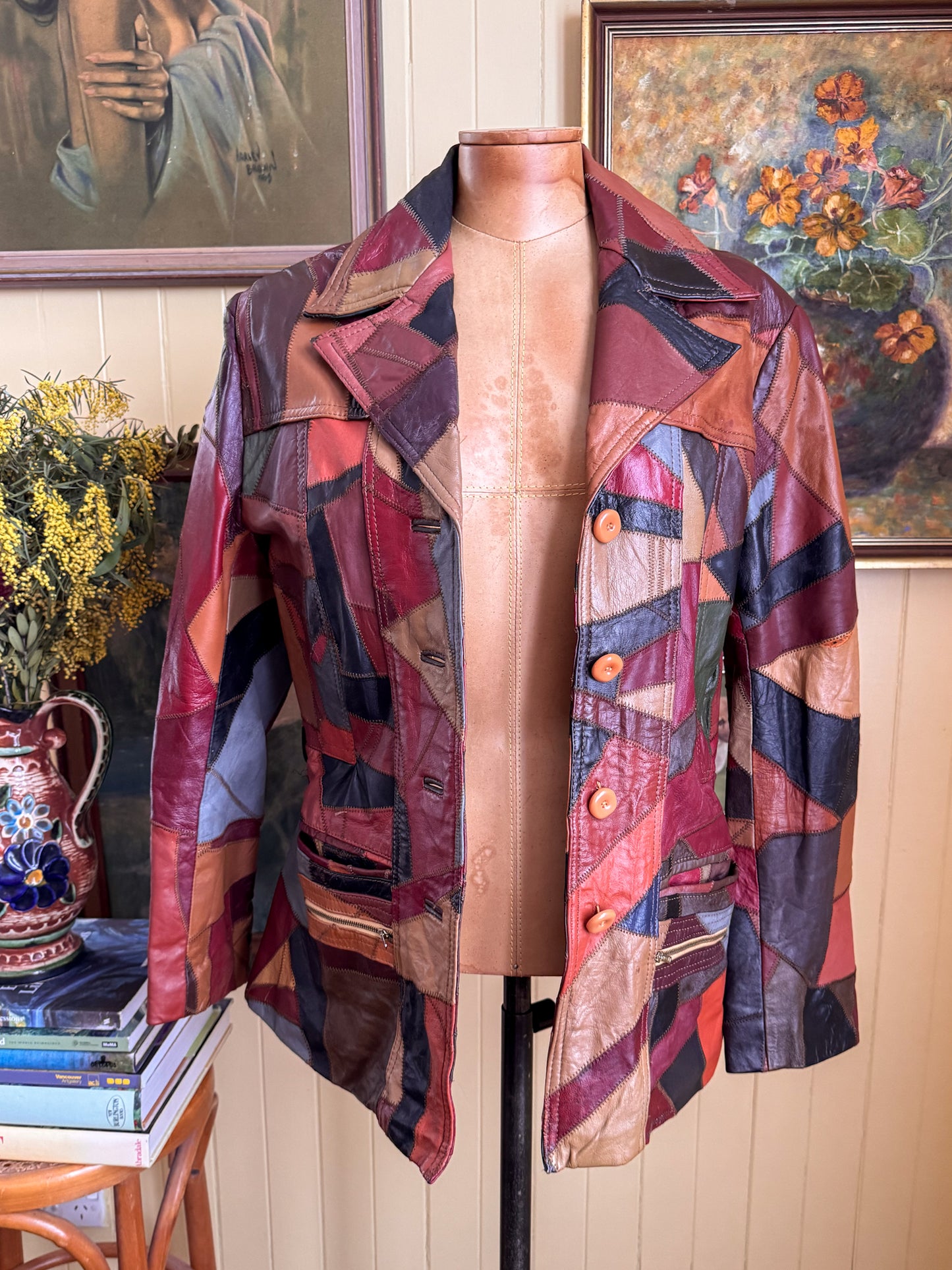VINTAGE 1970S KOREAN PATCHWORK LEATHER BLAZER JACKET S/M