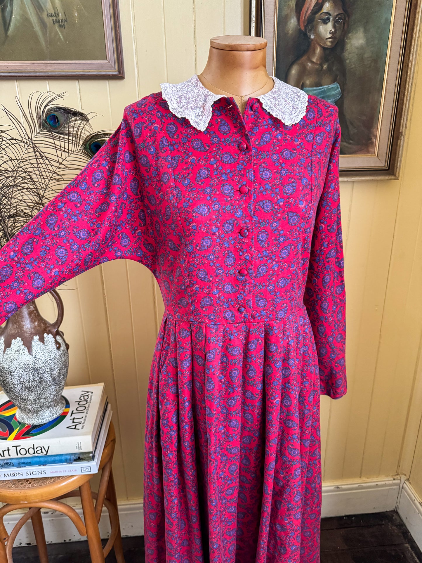 VINTAGE 1990S LAURA ASHLEY BRUSHED COTTON LACE COLLAR PRAIRIE DRESS S