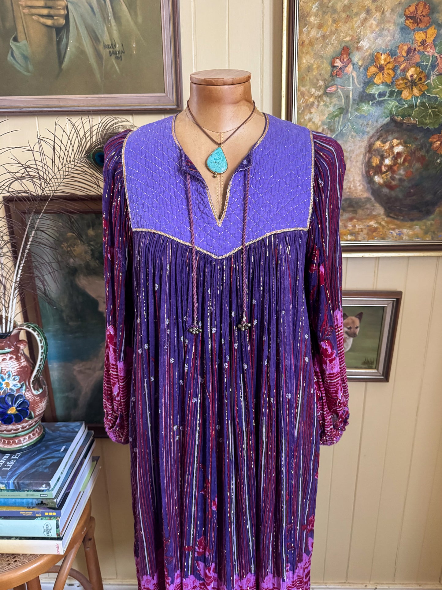 VINTAGE 1970S INDIAN COTTON GAUZE BLOCK PRINT LUREX MIDI DRESS S/M