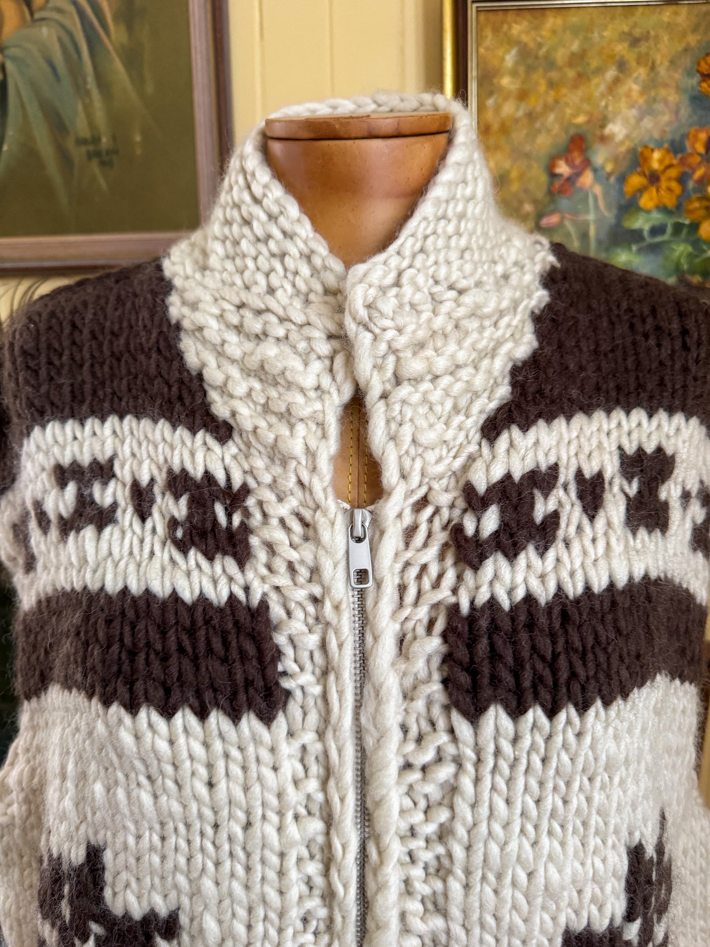 HANDMADE KANATA CANADIAN COWICHAN WOOLLEN CHUNKY KNIT ZIP THROUGH VEST M/L