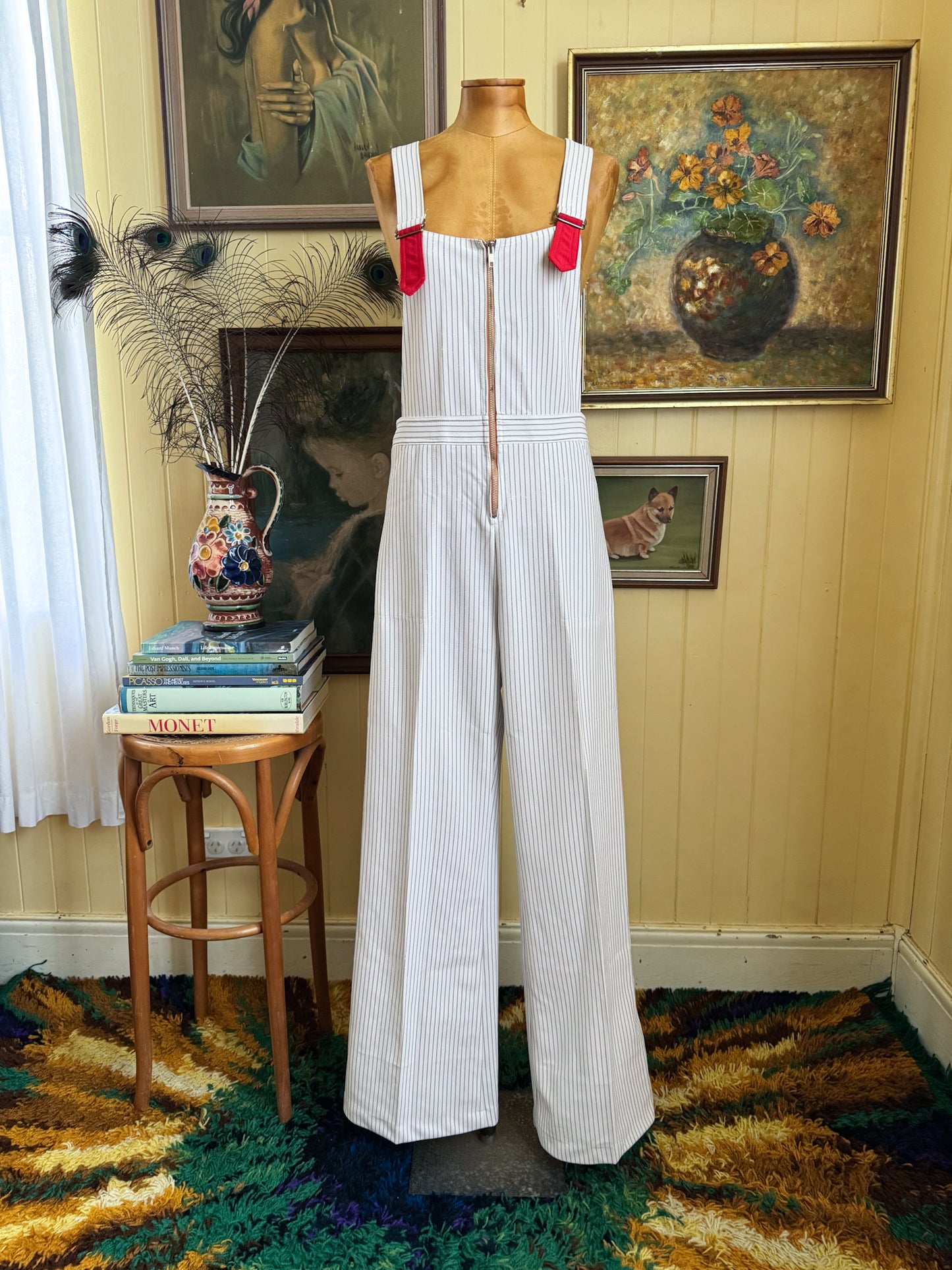 VINTAGE 1970S KOREAN MATCHMATES POLY STRIPED WIDE LEG DUNGAREES OVERALLS S/M