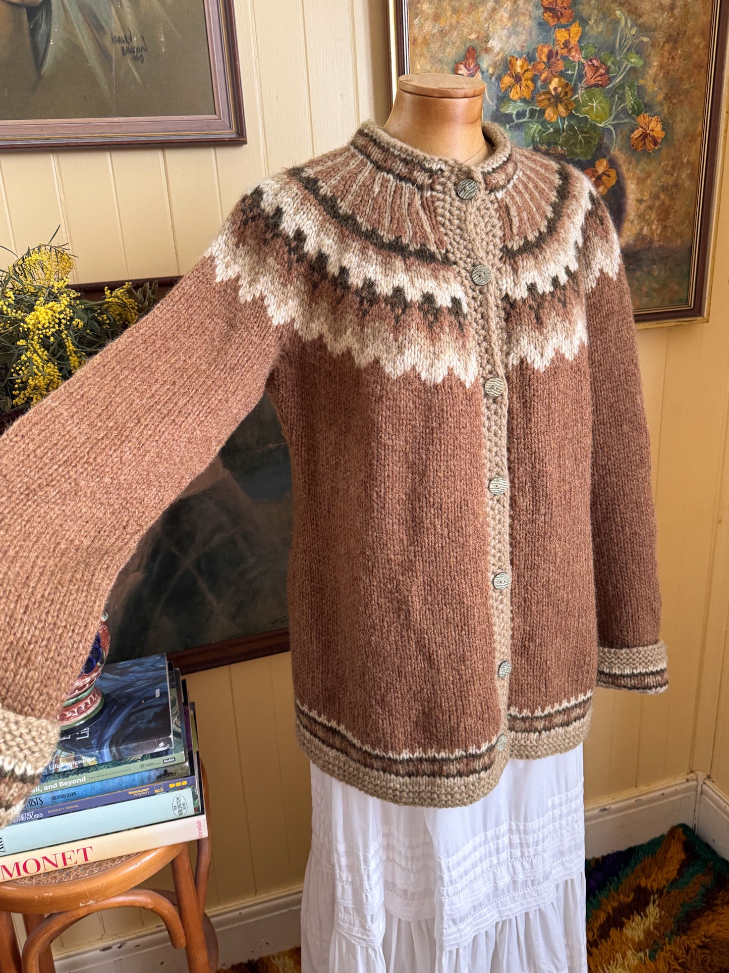 VINTAGE SCOTTISH NORSAGA PURE NEW WOOL FAIRISLE HAND KNIT CARDIGAN JUMPER M