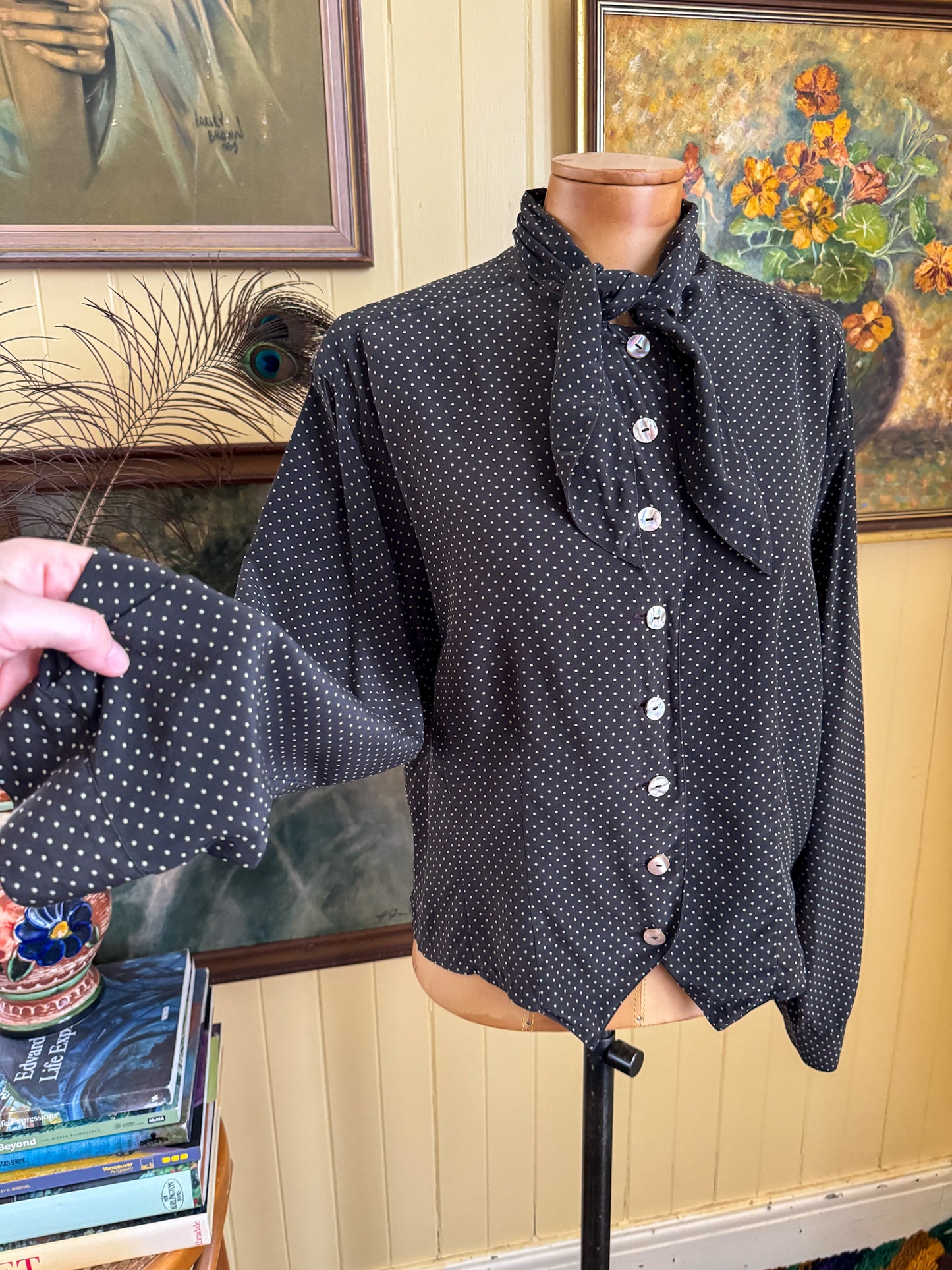 VINTAGE 1990S GERMAN SILK BUTTON THROUGH POLKA DOT BLOUSE M