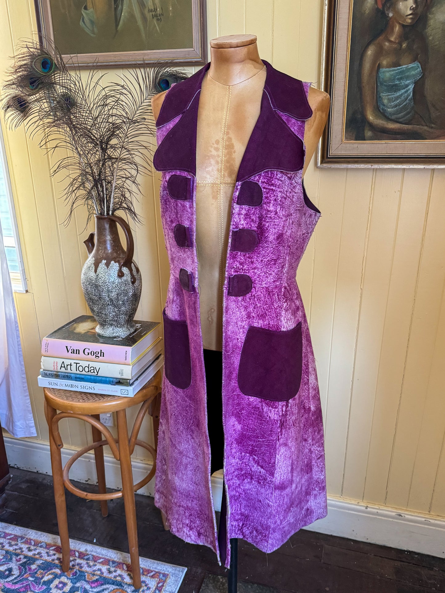 VINTAGE 1970S PURPLE ACID WASH SUEDE LEATHER MAXI WAISTCOAT VEST S