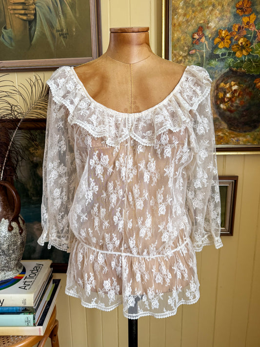 VINTAGE 1960S NYLON CREAM LACE SHEER PRAIRIE BLOUSE L