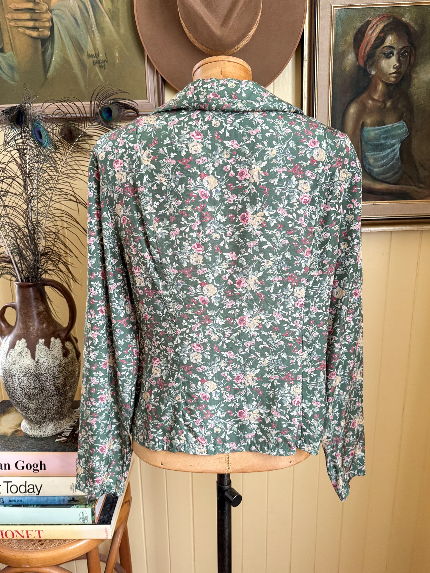 VINTAGE 1990S AUSTRALIAN LAURA ASHLEY VISCOSE BUTTON THROUGH FLORAL PRINT BLOUSE S/M