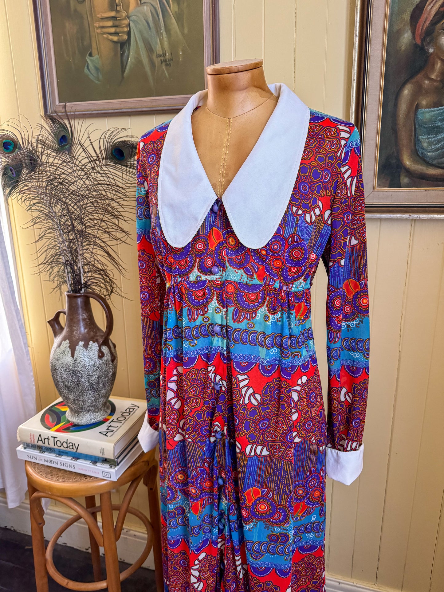 VINTAGE 1970S BINDI OF MELBOURNE PSYCHEDELIC COLLARED MAXI DRESS M