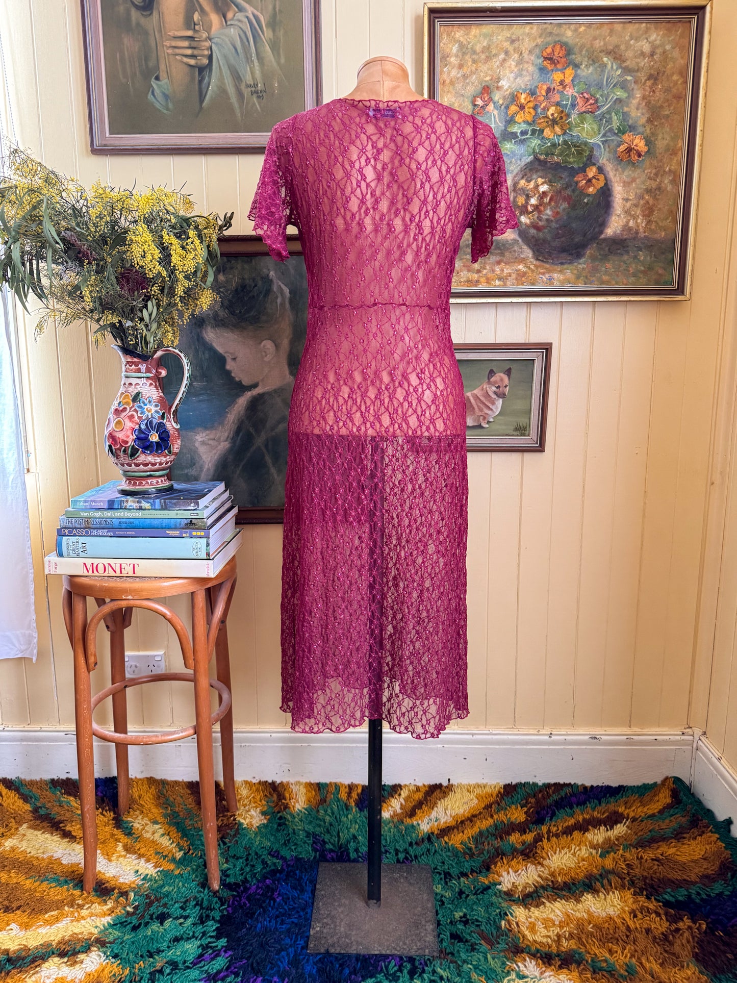 VINTAGE 1990S SARAH-JANE SHEER LACE RUFFLE STRETCH MIDI DRESS S/M