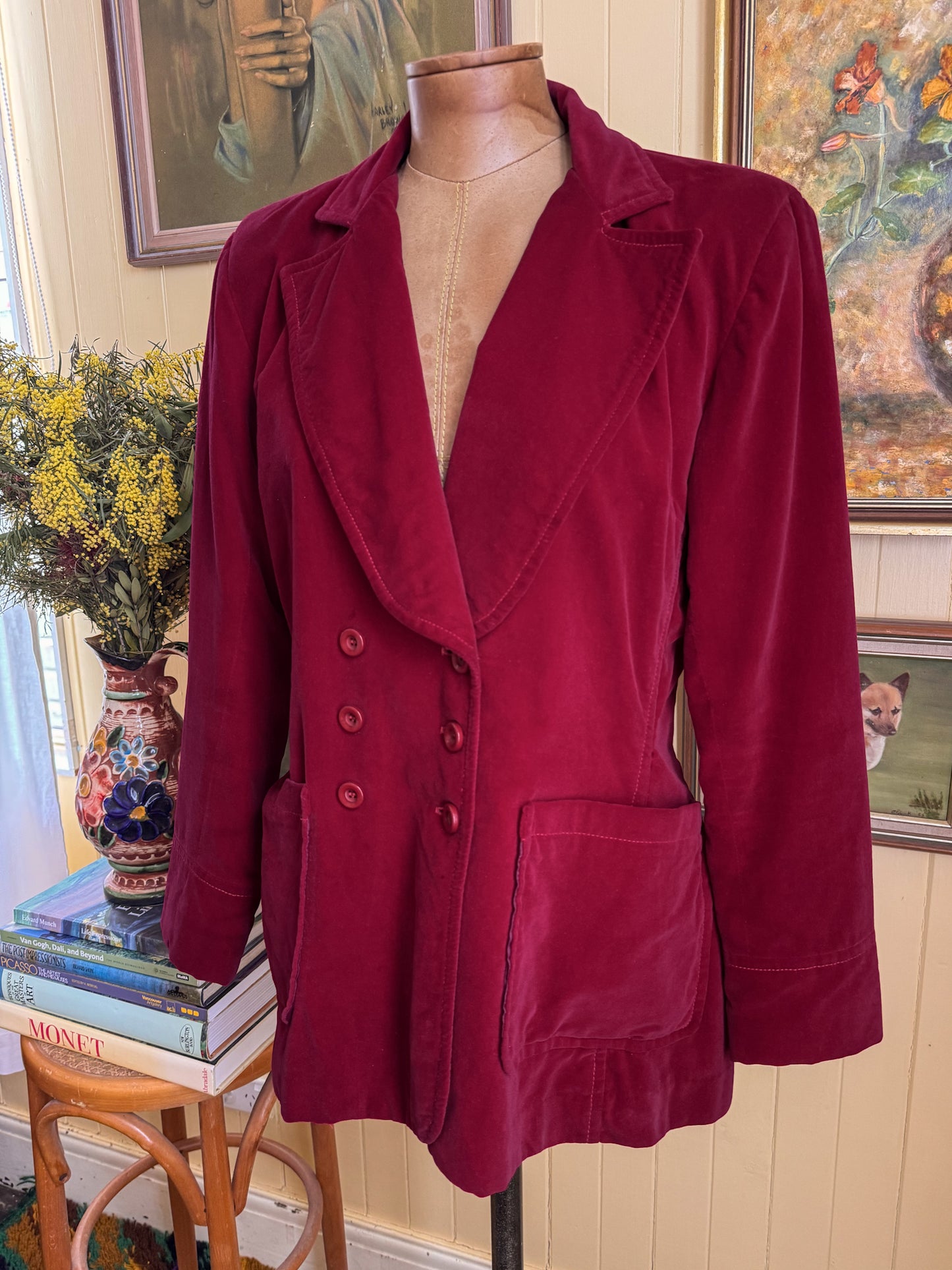 VINTAGE 1970S PEPPERS BURGUNDY VELVET BLAZER JACKET M