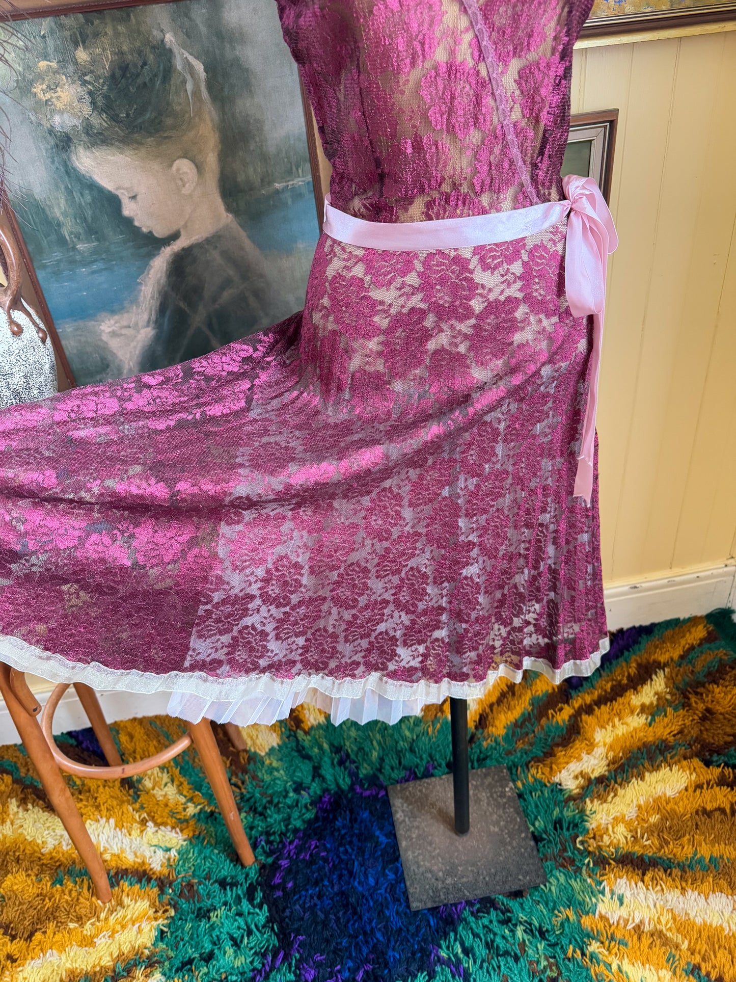 VINTAGE 1990S AUSTRALIAN REVIEW SHEER LACE TULLE RIBBON MIDI DRESS S