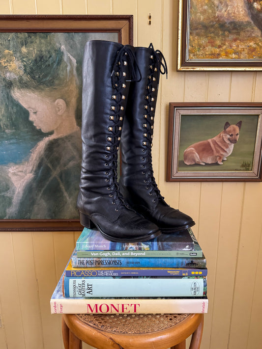 VINTAGE 1970S AUSTRALIAN LINEA VERDE BLACK LEATHER LACE UP KNEE HIGH GOGO BOOTS 6.5-7/37