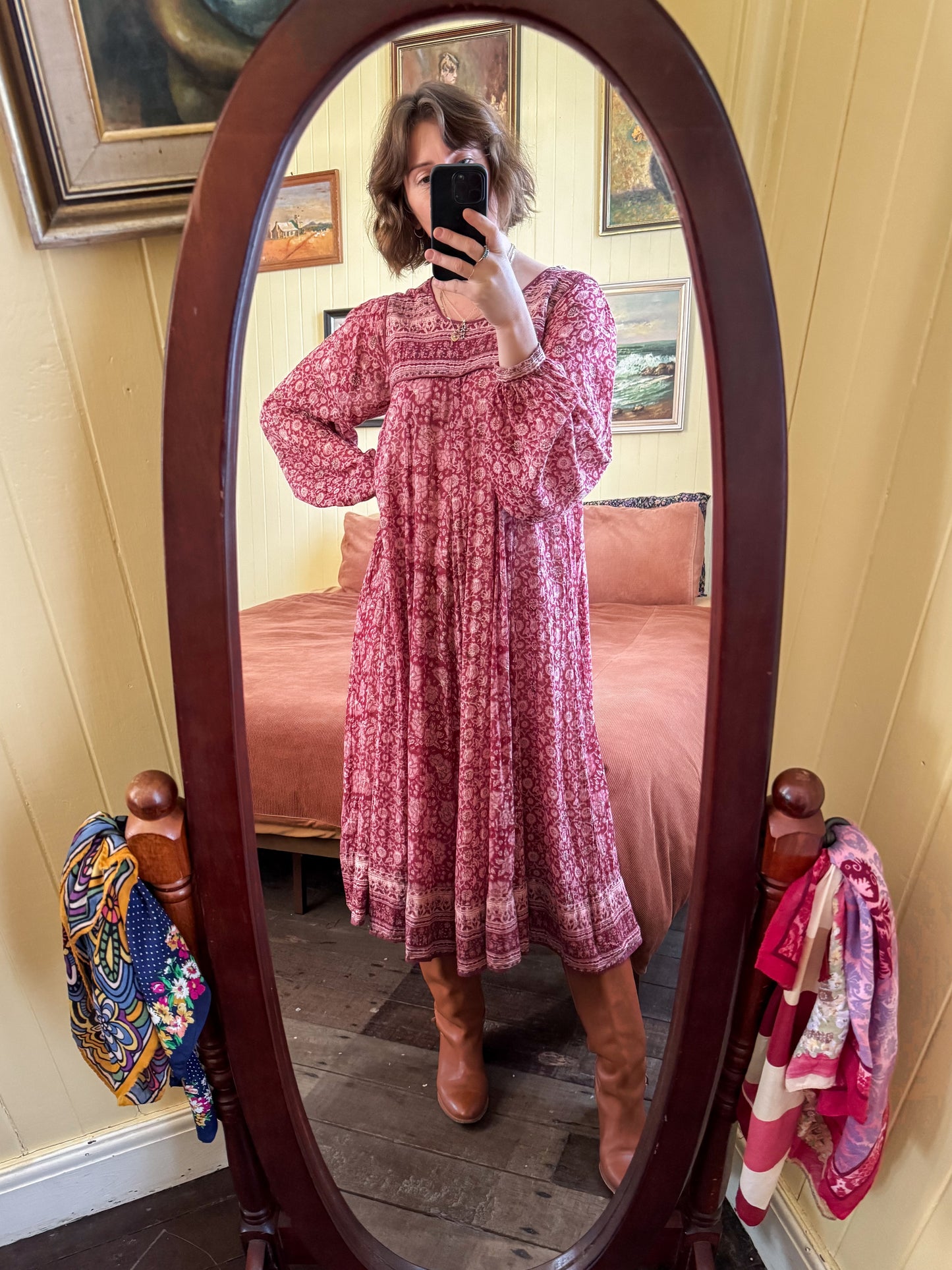 VINTAGE 1970S ELEGANCE OF ASIA INDIAN COTTON GAUZE BLOCK PRINT MIDI DRESS S/M