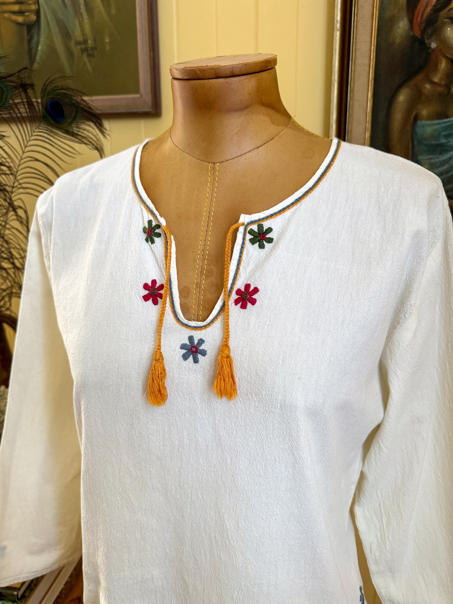 VINTAGE 1990S COTTON EMBROIDERED FOLK BLOUSE XS/S