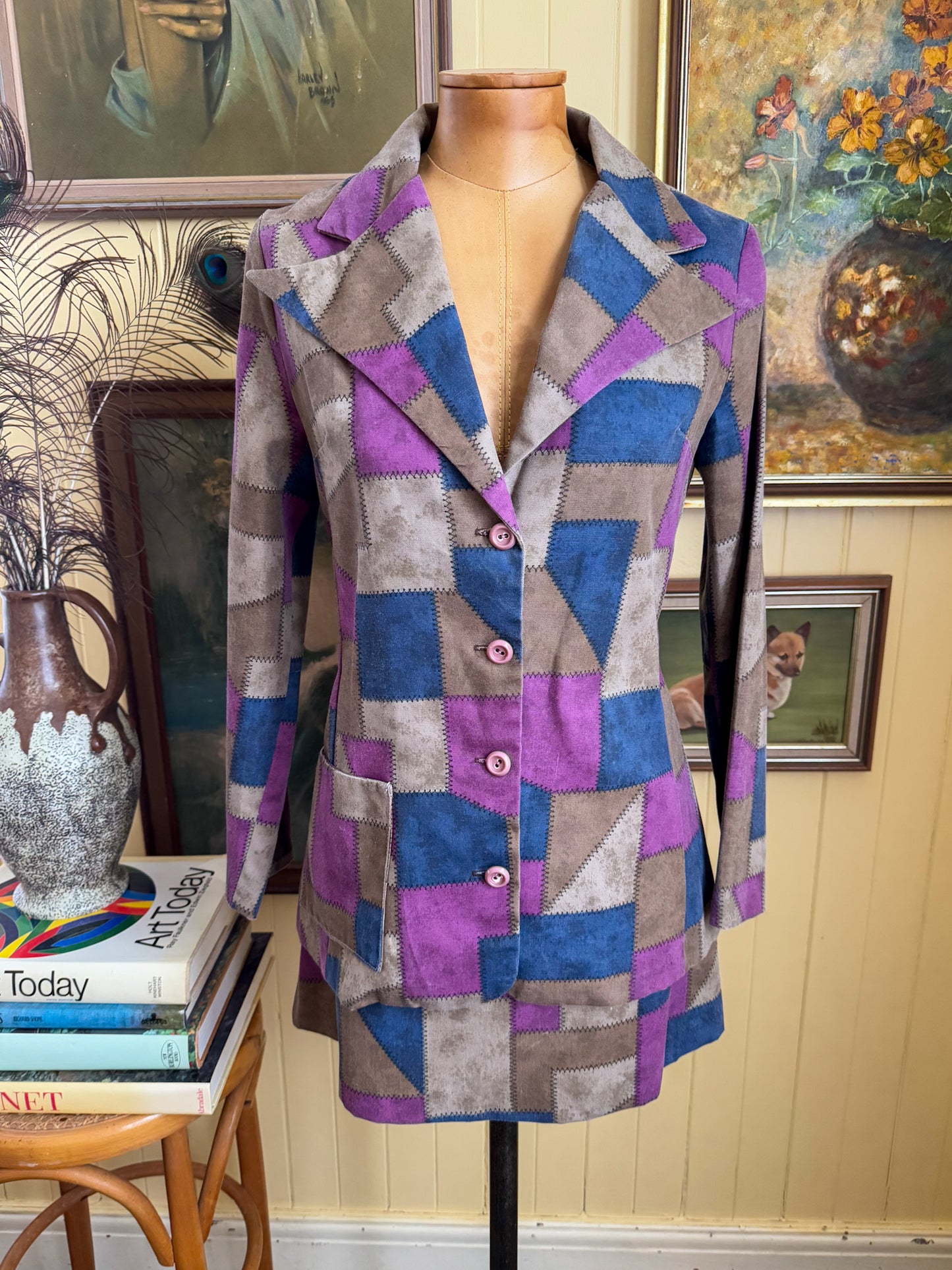 VINTAGE 1970S ACTION PATCHWORK PRINT BLAZER AND MINI SKIRT SET S