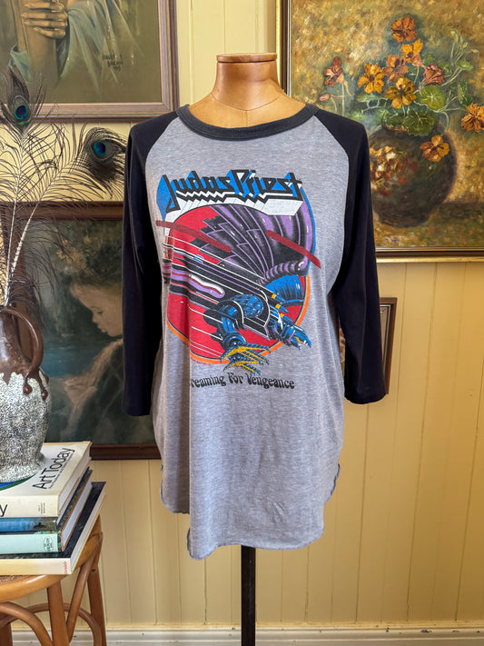 VINTAGE 1982/83 JUDAS PRIEST SCREAMING FOR VENGEANCE WORLD TOUR PRINT RAGLAN TSHIRT M/L