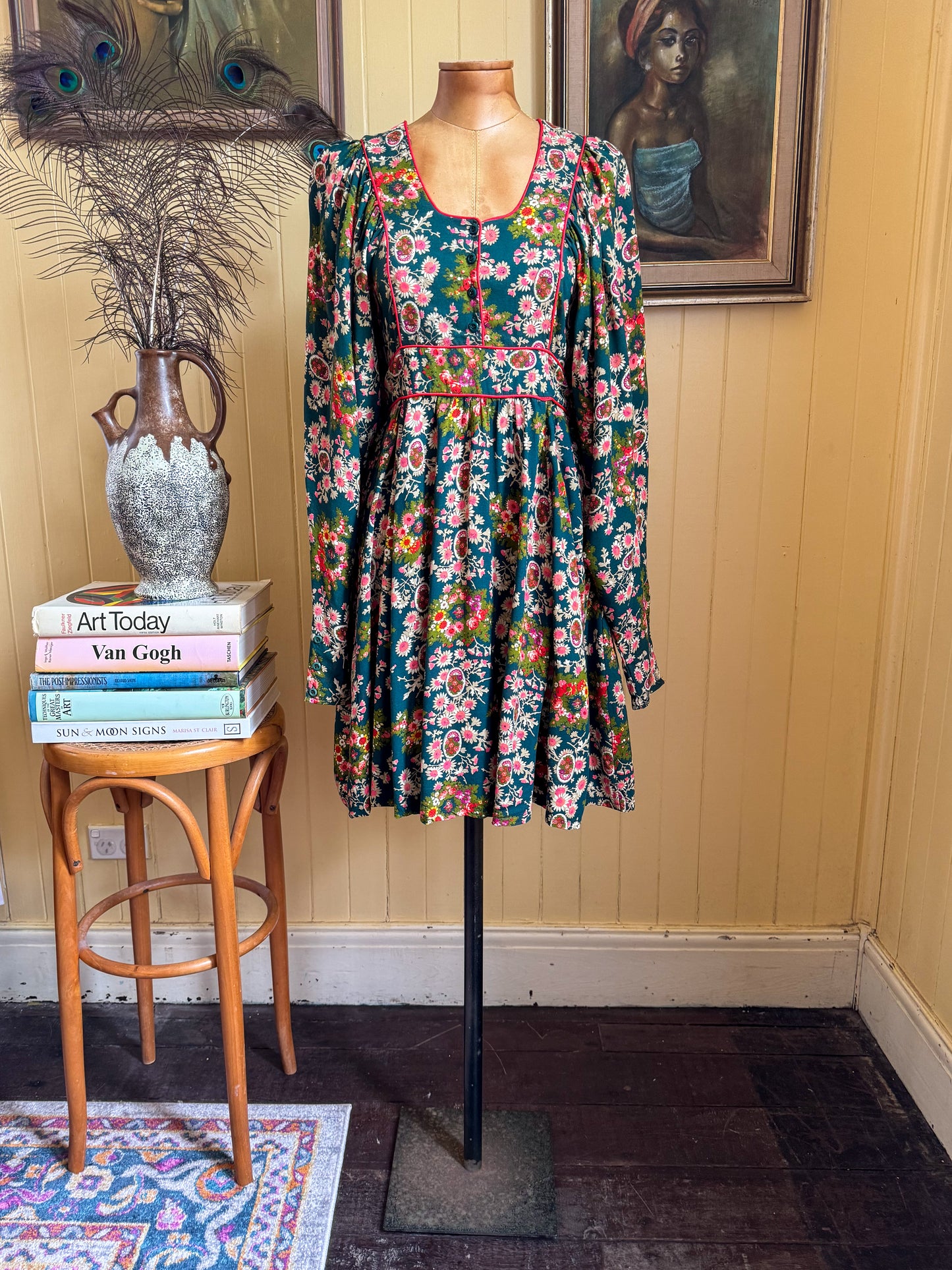 VINTAGE 1970S RARE ENGLISH JEFF BANKS FLORAL BALLOON SLEEVE PEASANT DRESS XS