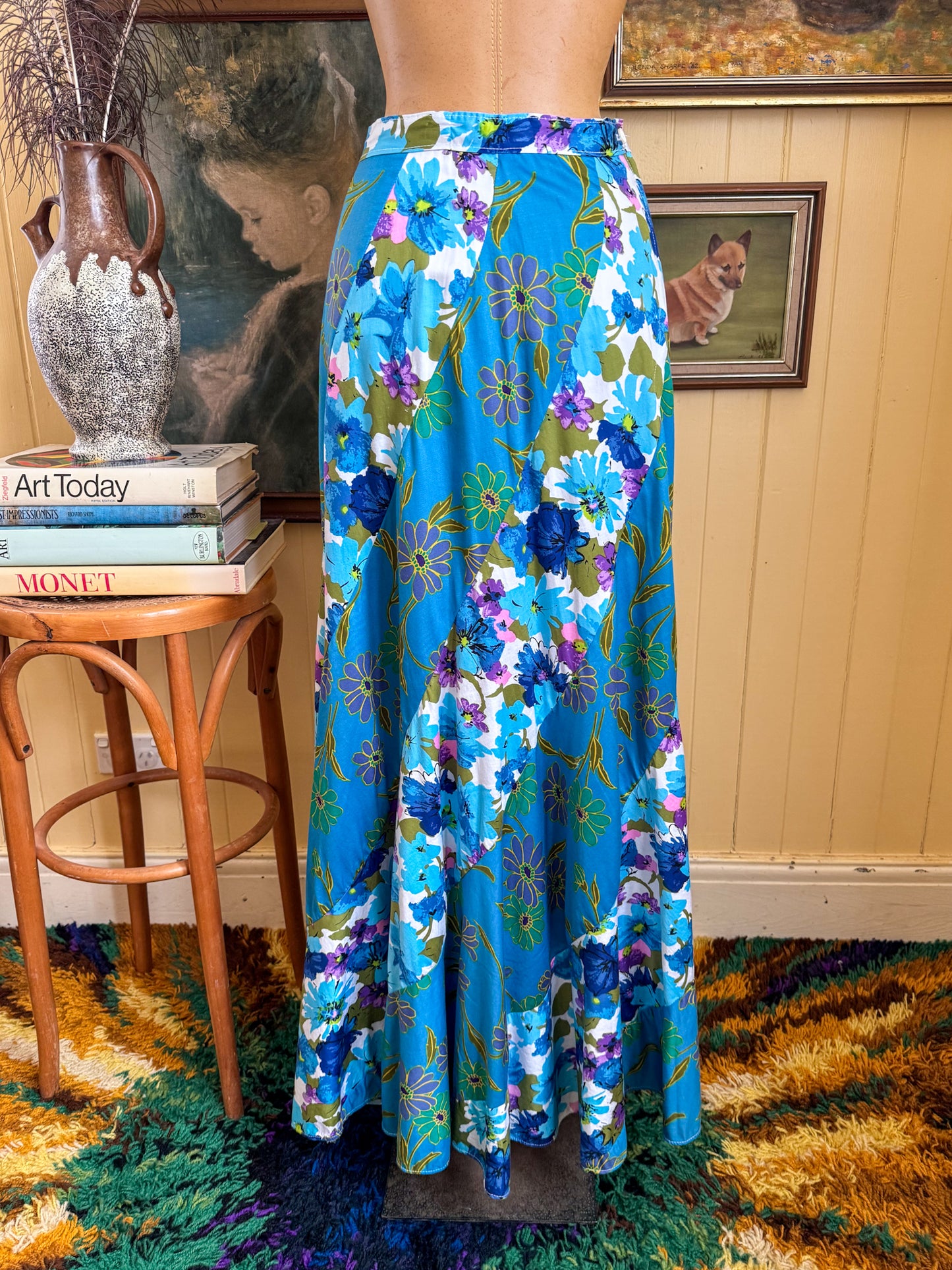 VINTAGE 1970S HANDMADE COTTON PRINT SPLICED CIRCLE MAXI SKIRT XS