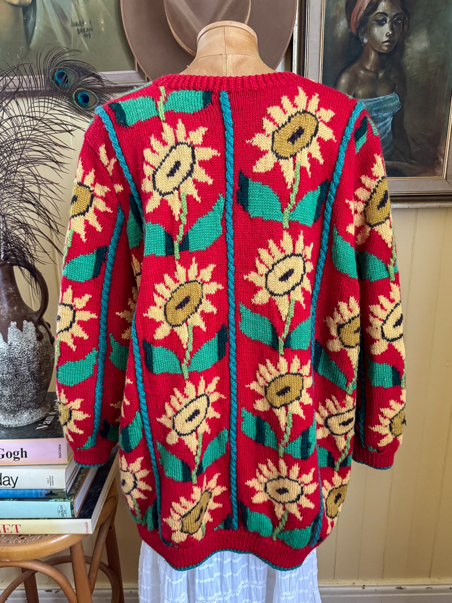 VINTAGE HAND KNITTED ACRYLIC SUNFLOWER MOTIF OVERSIZED CARDIGAN L/XL