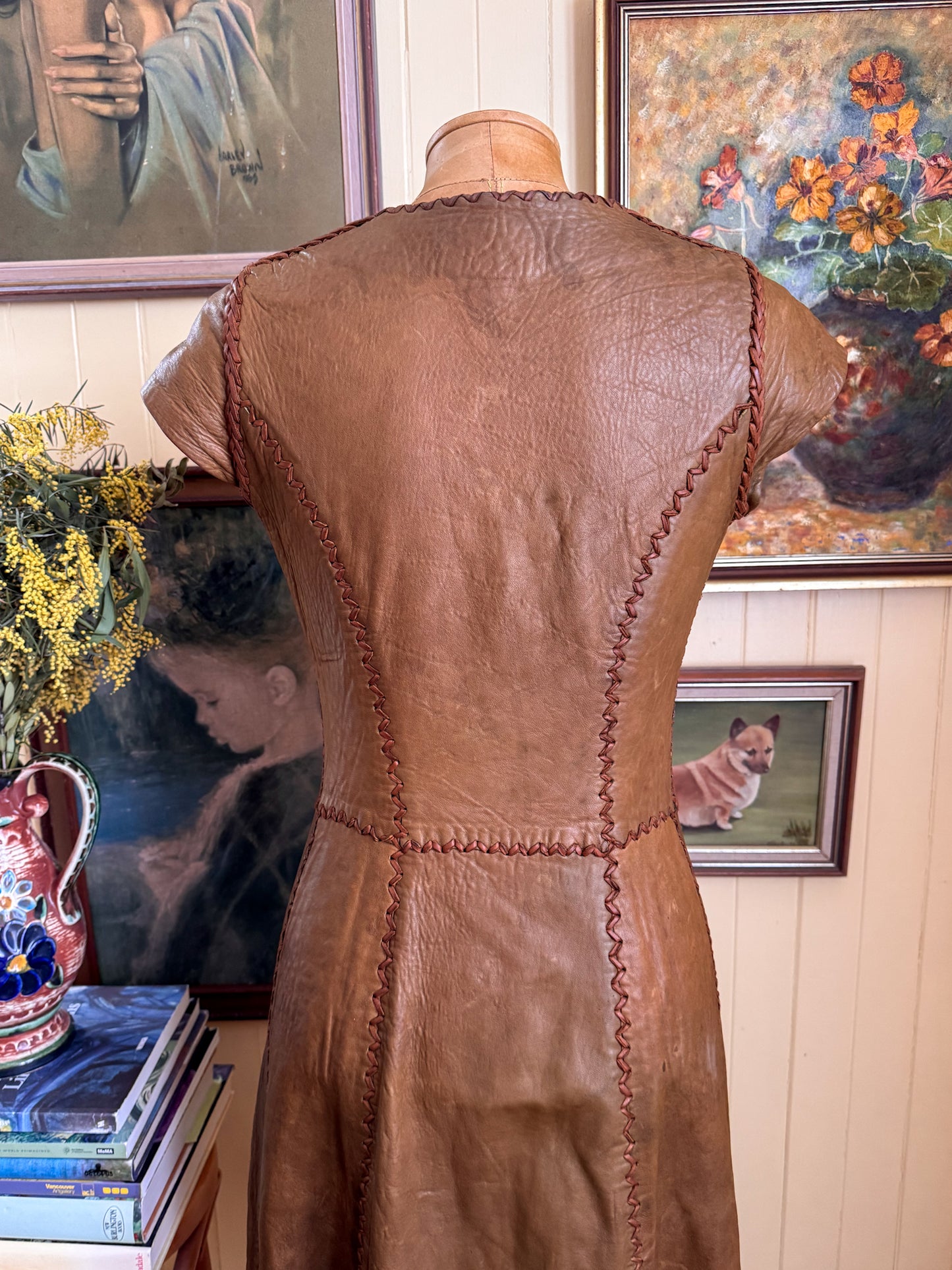 VINTAGE 1970S RARE ICONIC NORTH BEACH LEATHER WHIPSTITCH MIDI DRESS XS
