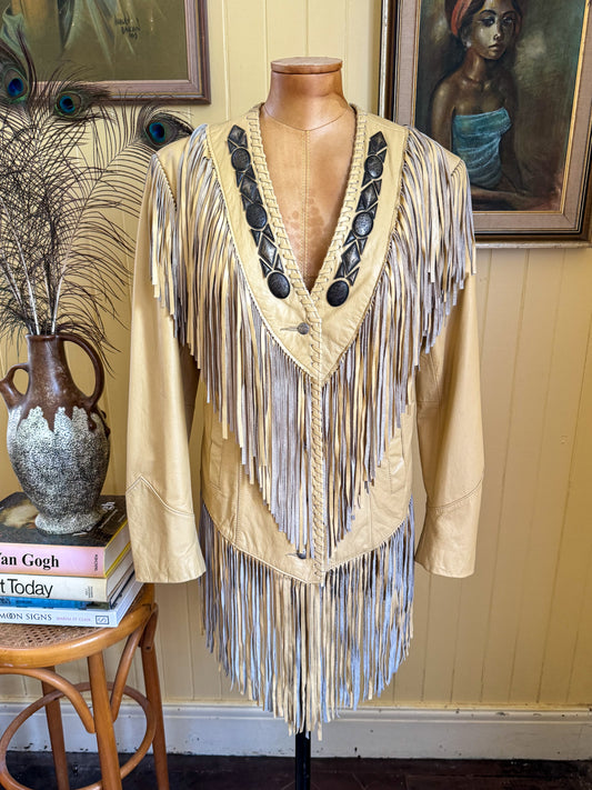 VINTAGE 1980S PIONEER WEAR LEATHER FRINGED WESTERN JACKET S/M