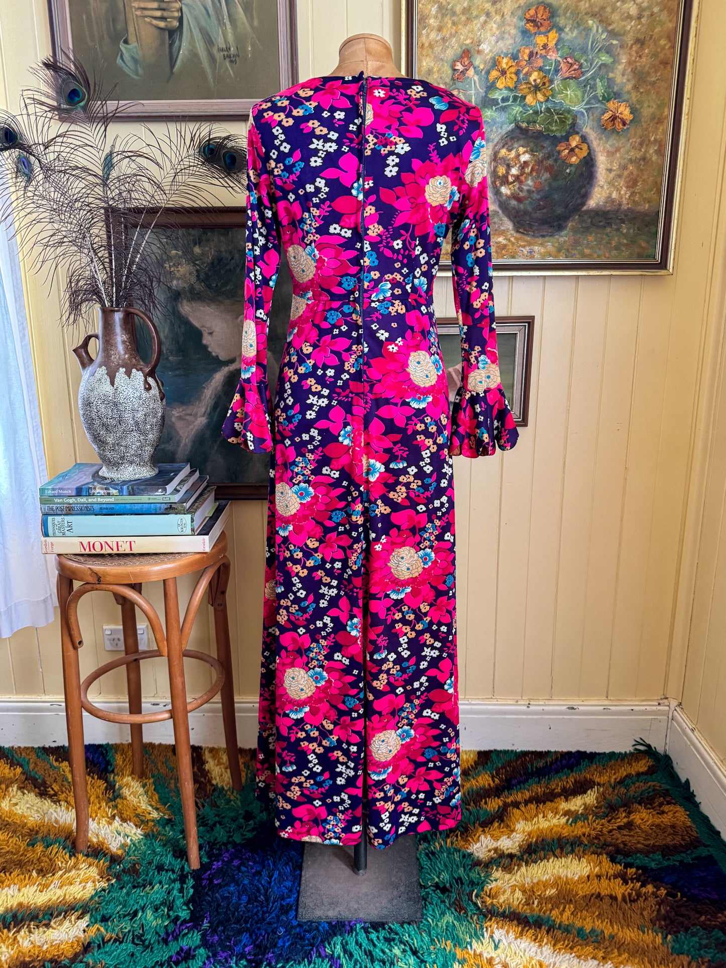 VINTAGE 1970S AMERICAN ACRYLIC FLORAL MAXI PRAIRIE DRESS S/M