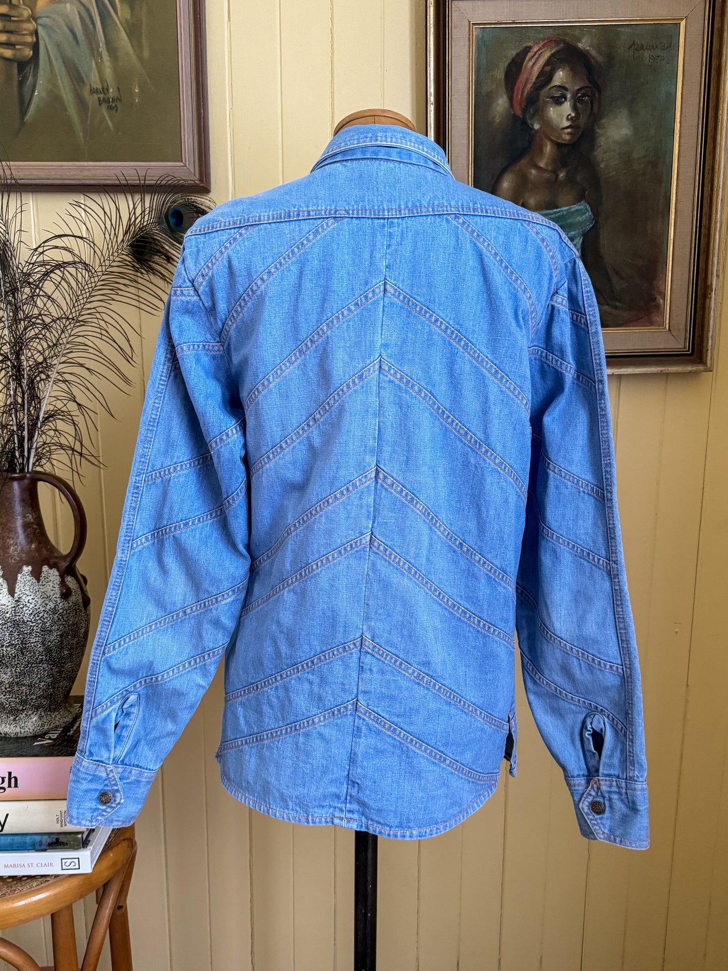 VINTAGE 1970S FADED GLORY COTTON DENIM CHEVRON SHIRT JACKET S/M