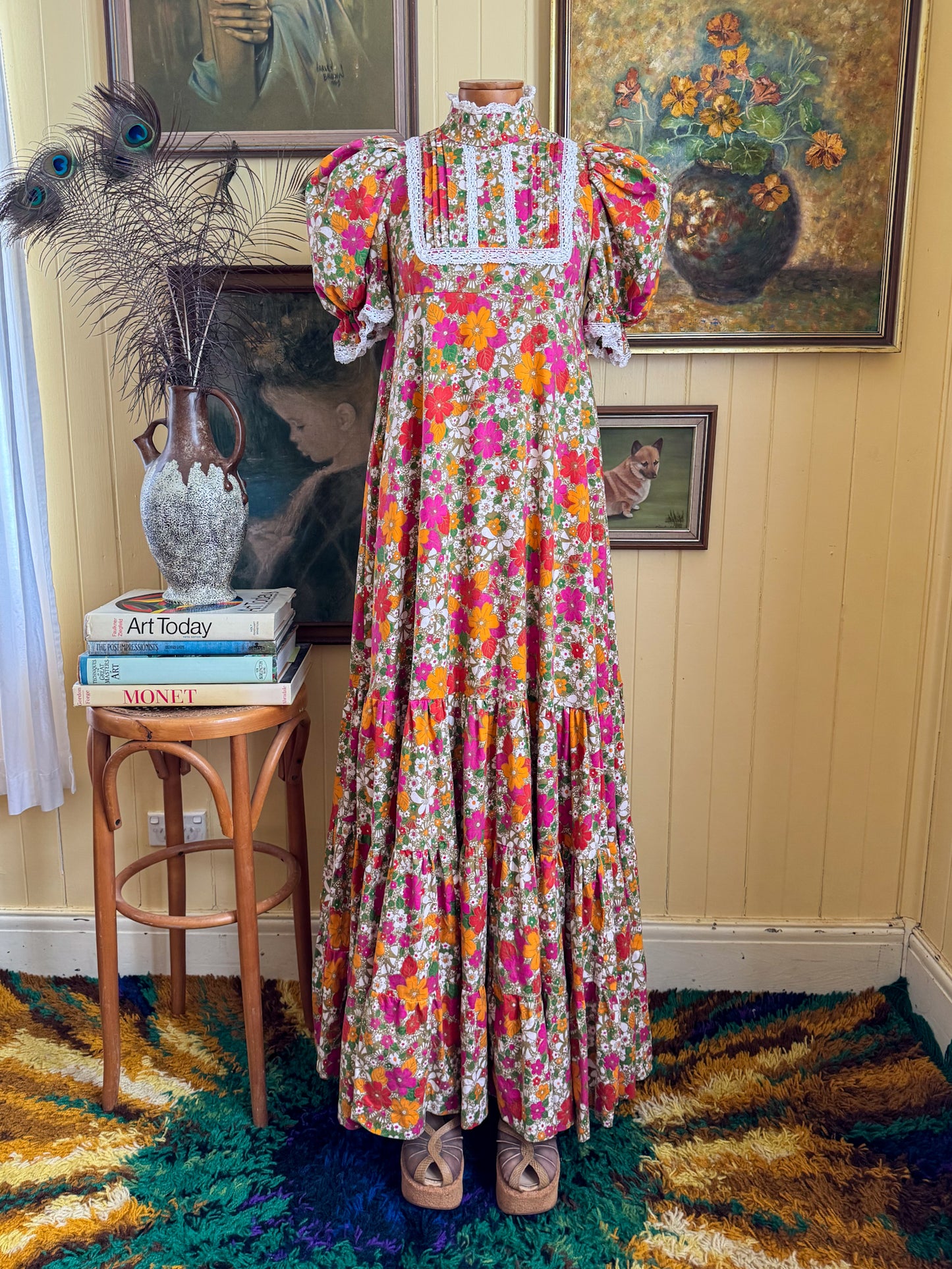 VINTAGE 1970S RARE AUSTRALIAN LAURA ASHLEY COTTON PRAIRIE MAXI DRESS XS