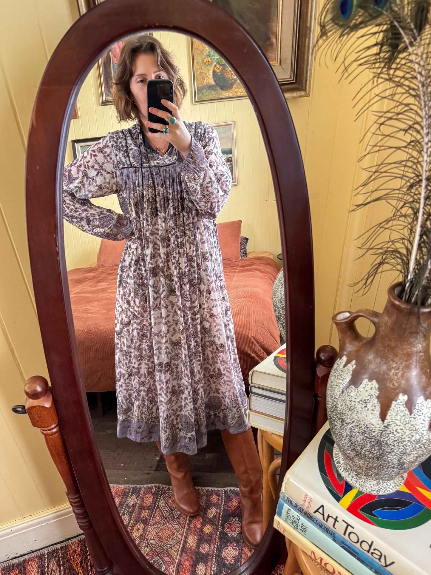 VINTAGE 1970S INDIAN COTTON GAUZE BLOCK PRINT MIDI DRESS S/M