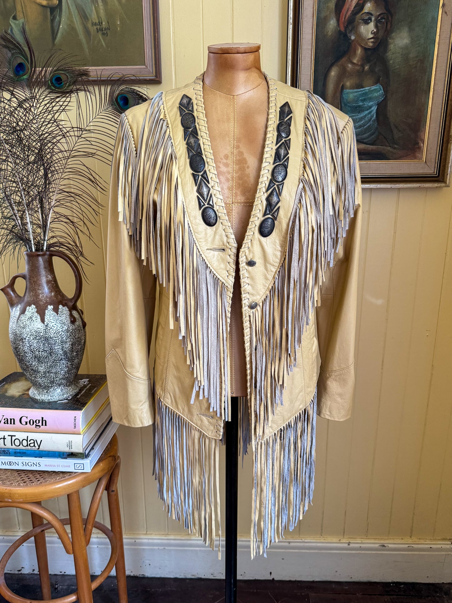 VINTAGE 1980S PIONEER WEAR LEATHER FRINGED WESTERN JACKET S/M