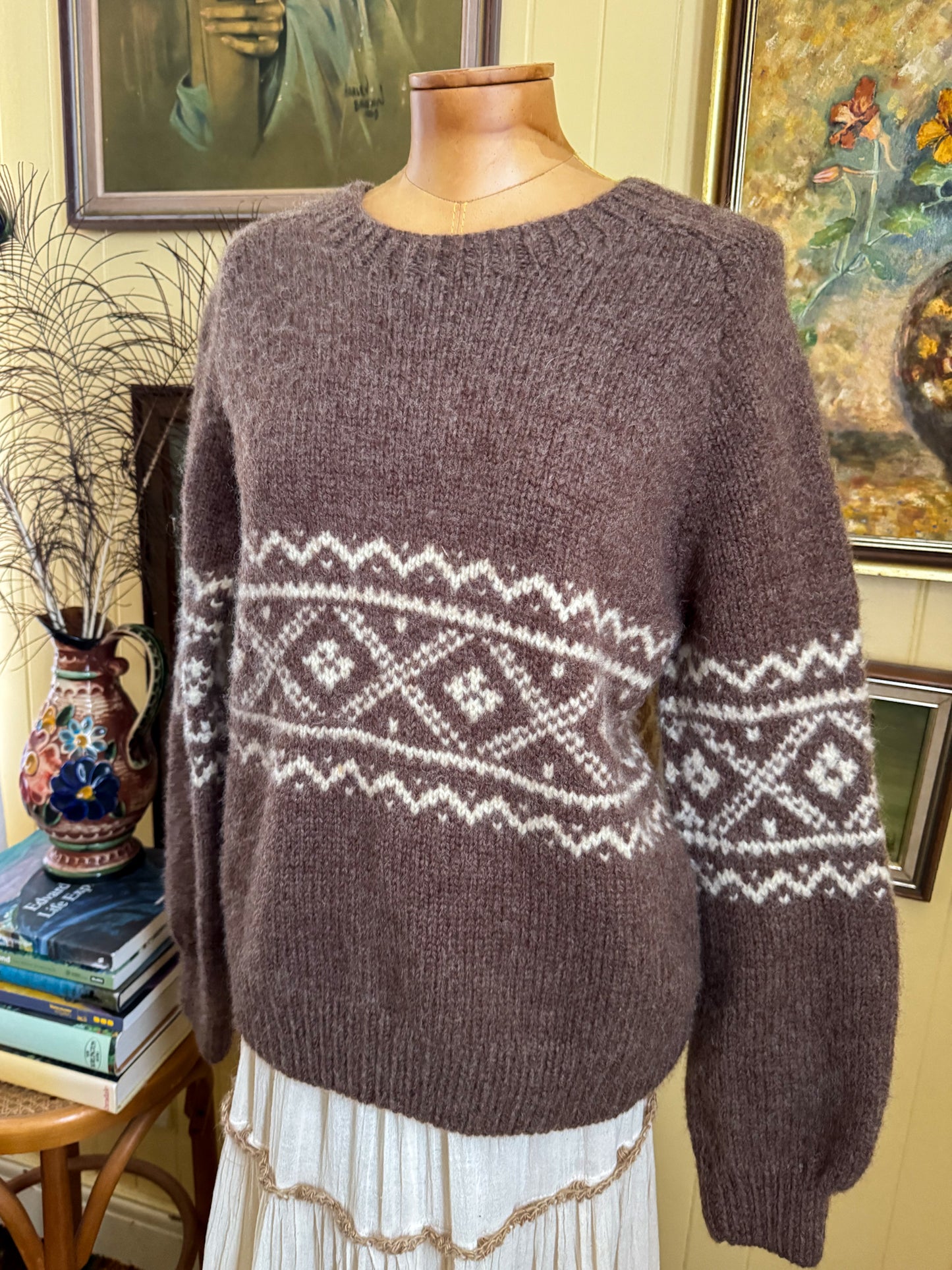 VINTAGE HANDMADE COCOA BROWN WOOLLEN MOTIF KNIT JUMPER S/M