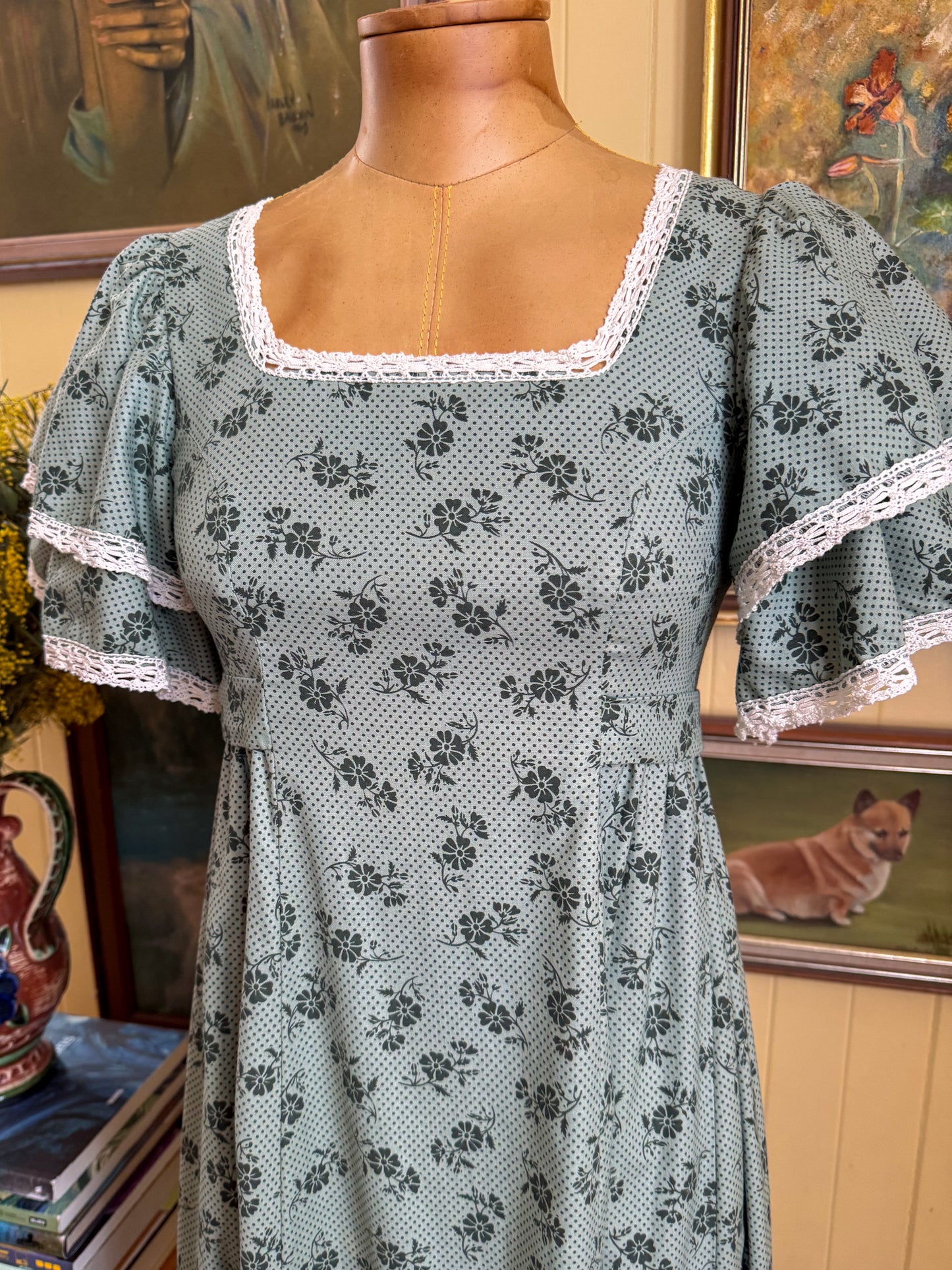 VINTAGE 1970S RARE AUSTRALIAN LAURA ASHLEY COTTON PRAIRIE MAXI DRESS XXS/XS