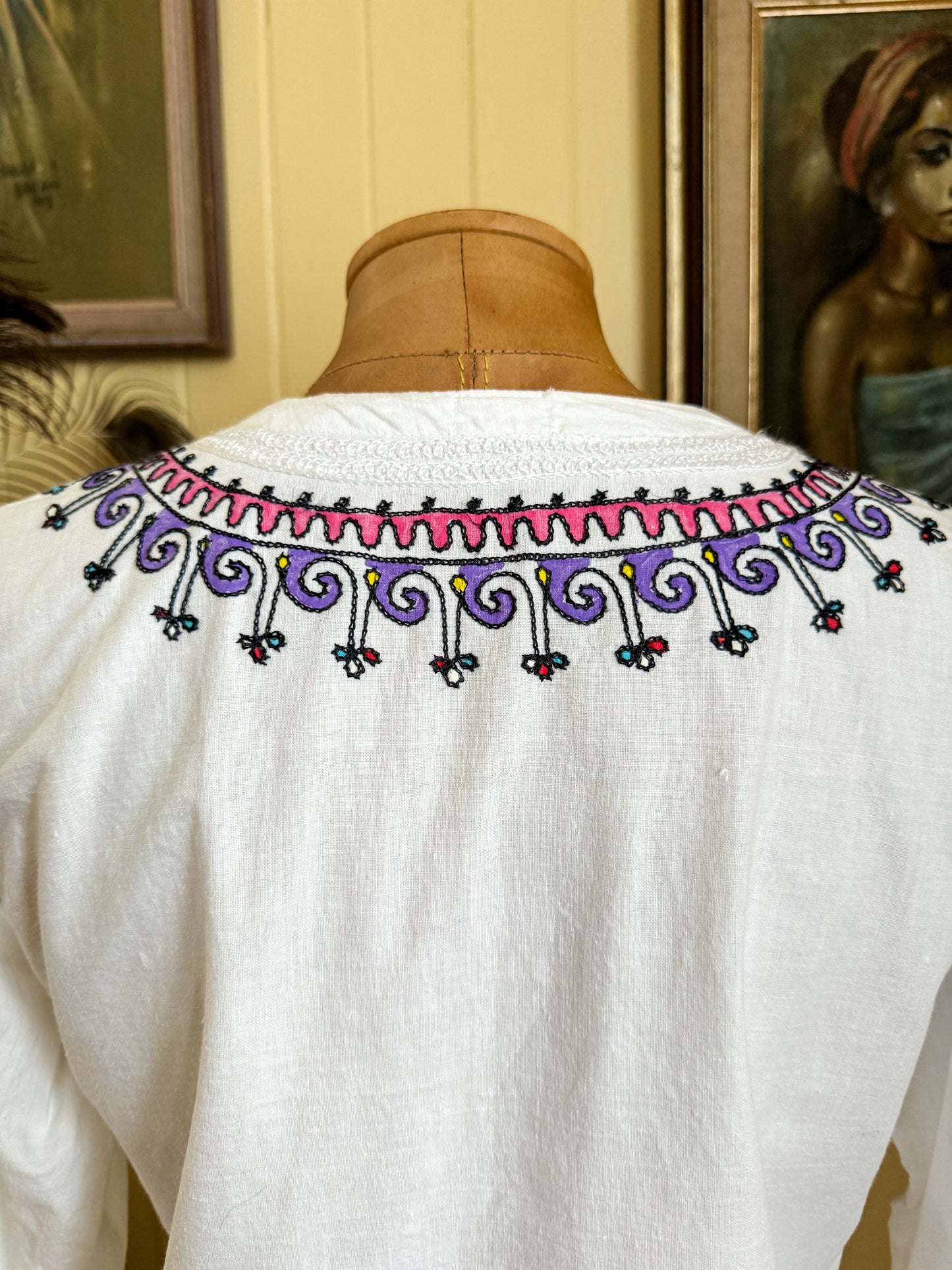 VINTAGE 1970S PAKISTANI COTTON EMBROIDERED TUNIC BLOUSE S