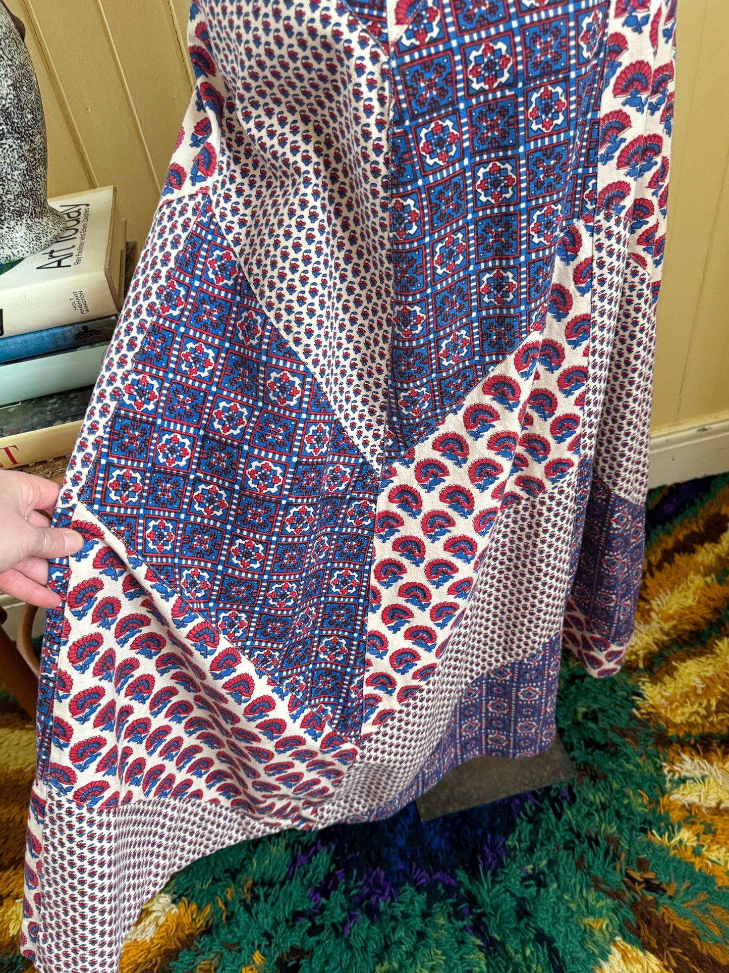 VINTAGE 1970S CRYSTAL COTTON PATCHWORK PRINT A-LINE MAXI SKIRT M